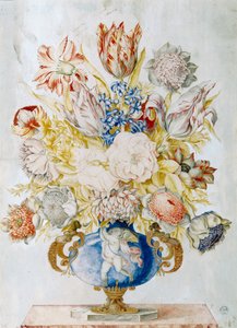 Vaso di cristallo blu scuro con un mazzo di fiori da Giovanna Garzoni